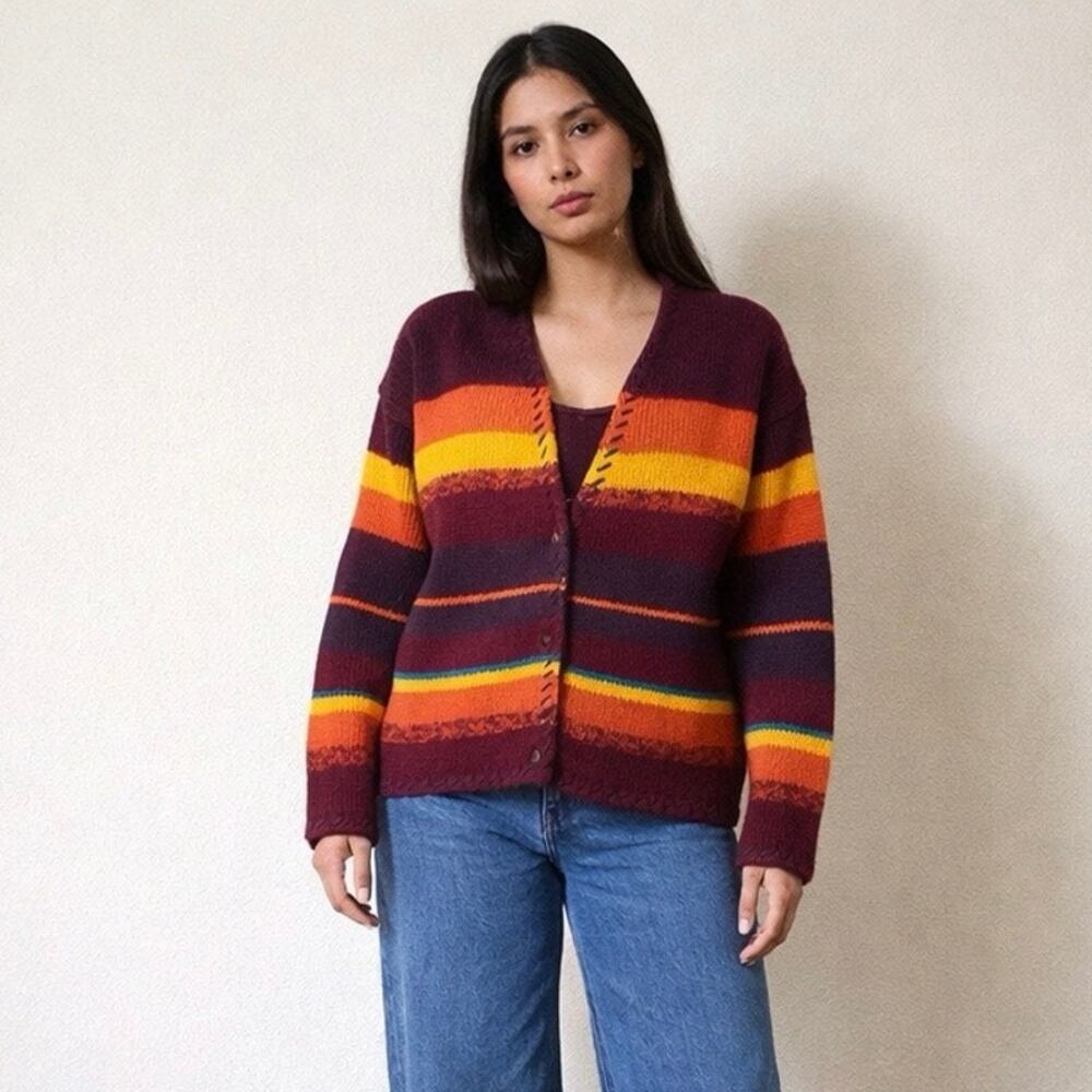 Vintage Rosanna Cotton Knit Striped Burgundy Chunky Cardigan Size Small